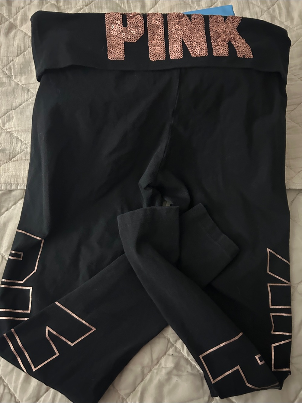 PINK Victoria's Secret Black Fold-Over Waist Leggings with Rose Gold Sequin Logo